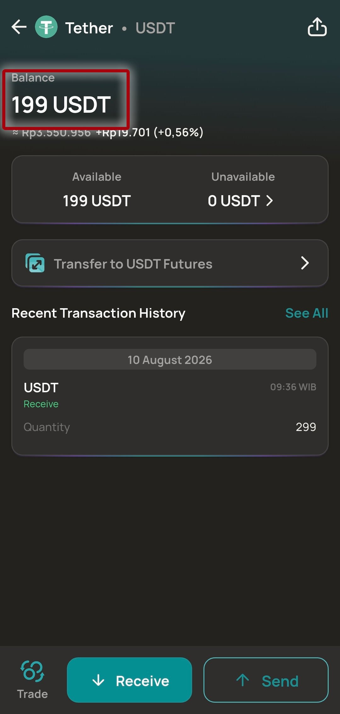 송금 전 Bybit USDT 잔액 199 USDT