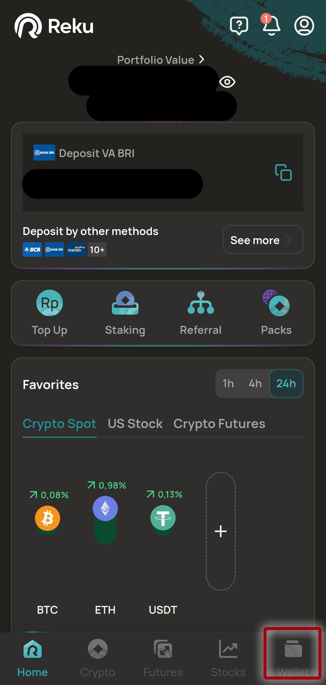 Reku 로그인 후 Wallet 탭 선택