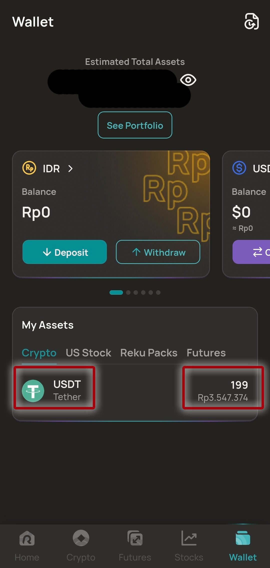 My Assets에서 Crypto 탭 USDT 선택