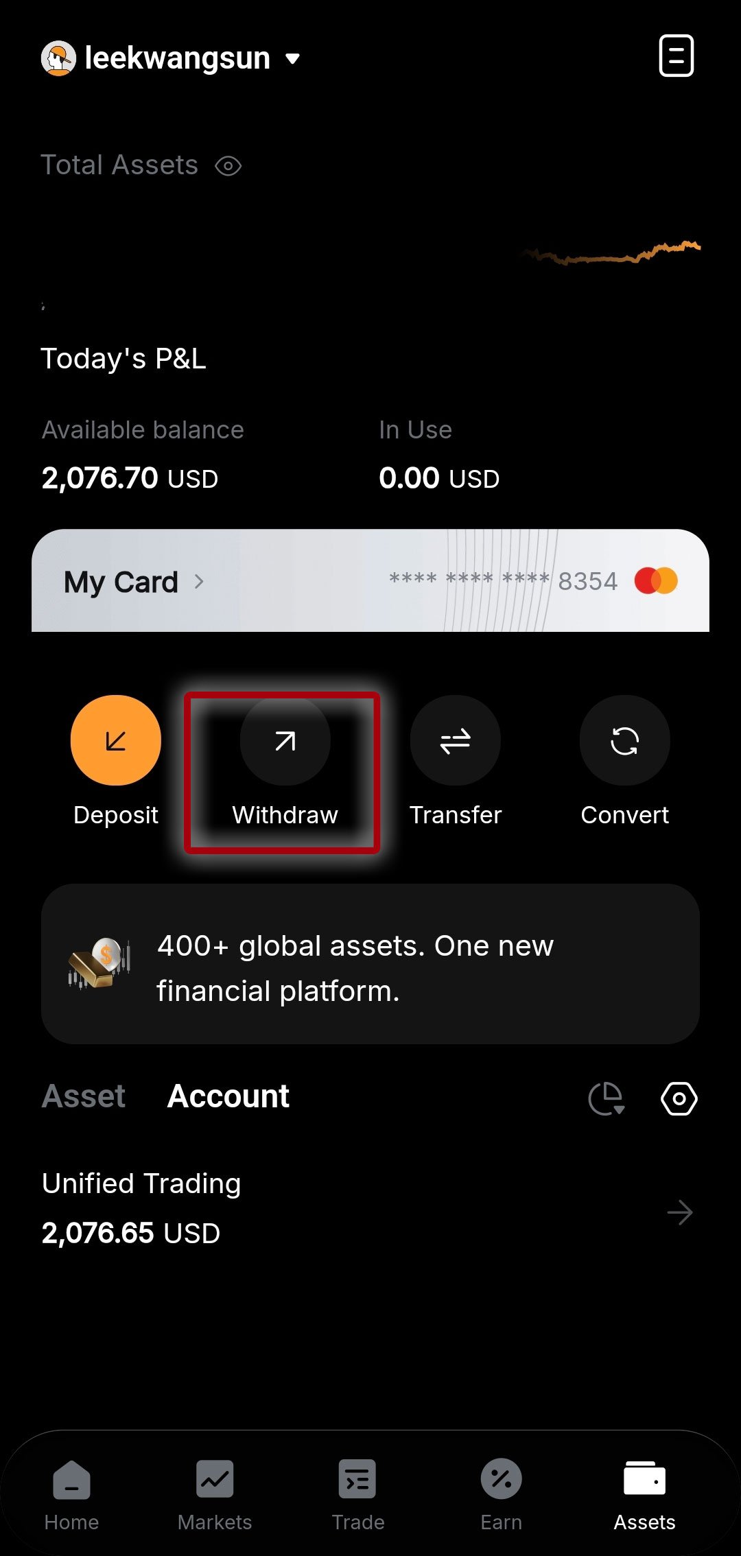 Bybit Assets 화면 Withdraw 선택