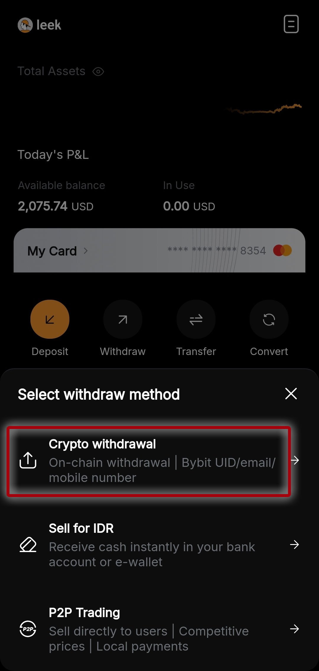 Select withdraw method Crypto withdrawal 선택