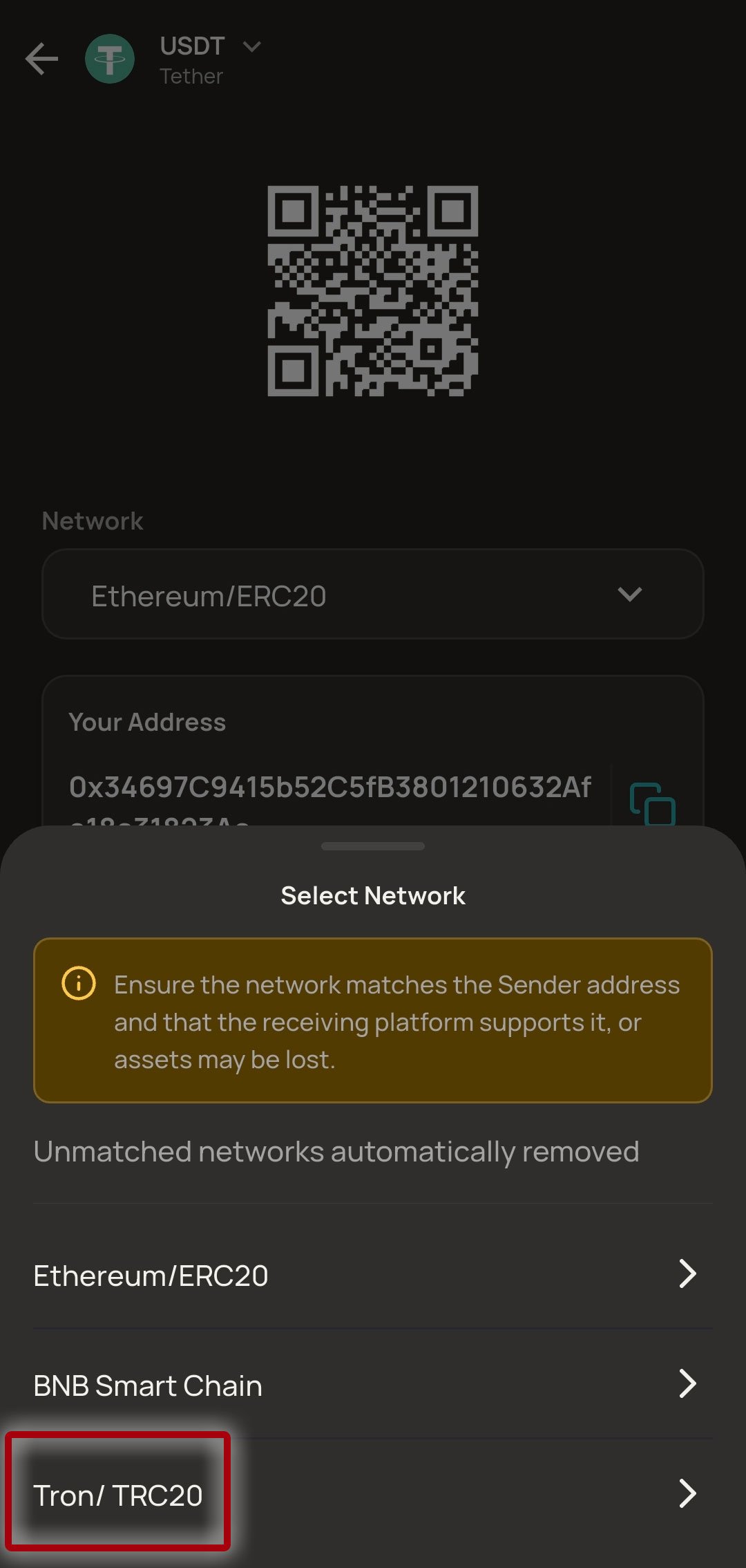 네트워크 선택 화면 Ethereum ERC20 BNB Smart Chain Tron TRC20
