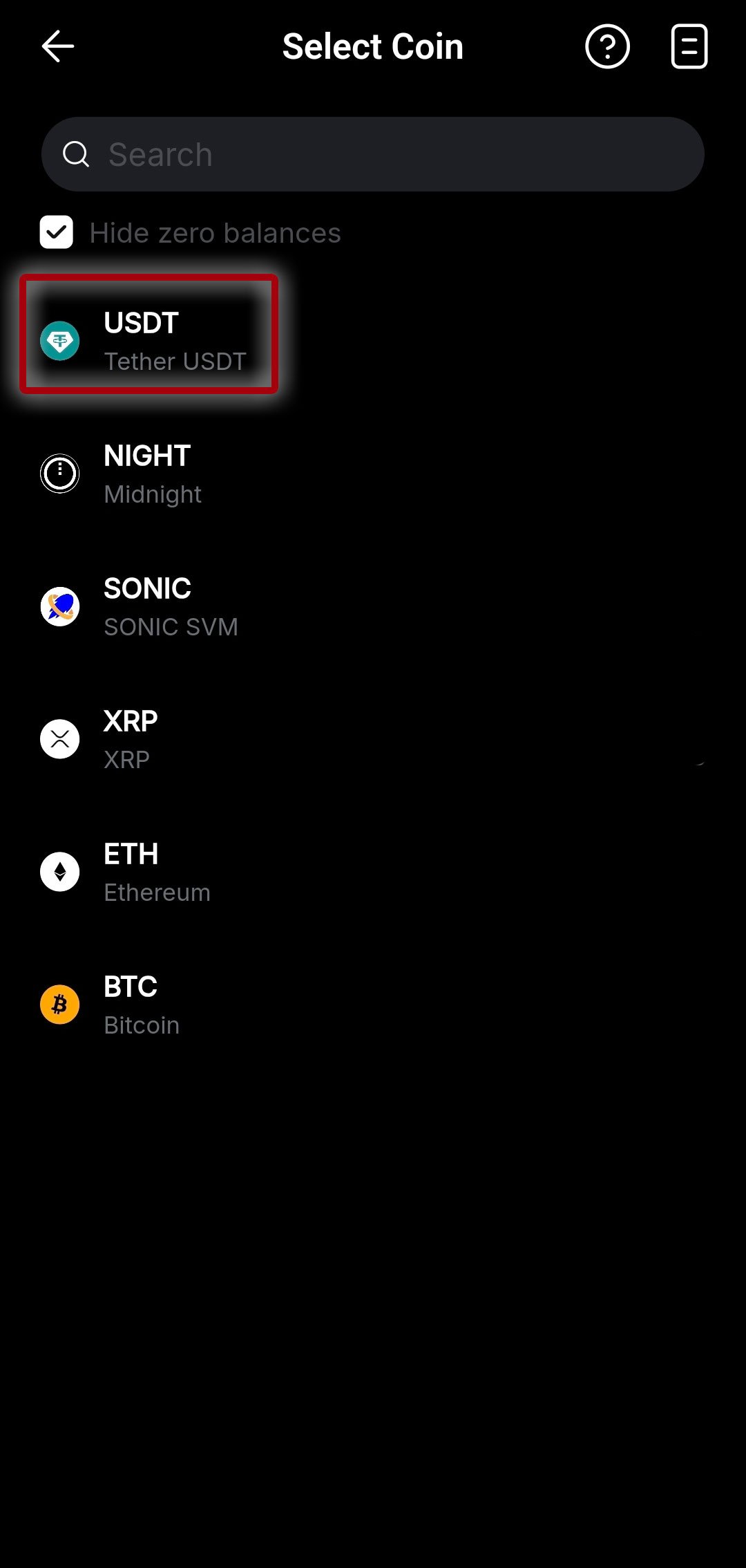 Select Coin USDT 선택