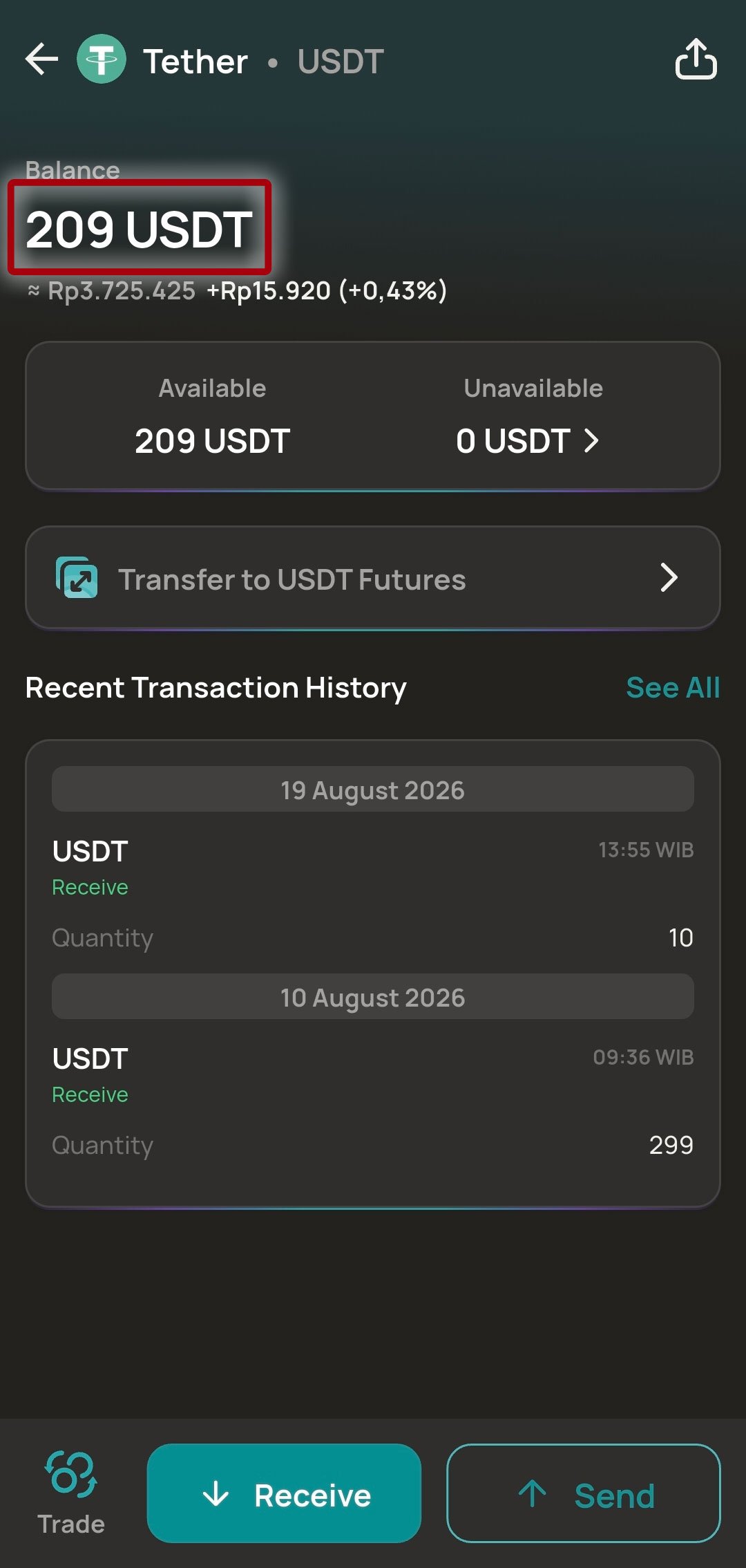 Reku 쪽 입금 확인 화면 Receive USDT 10 Success